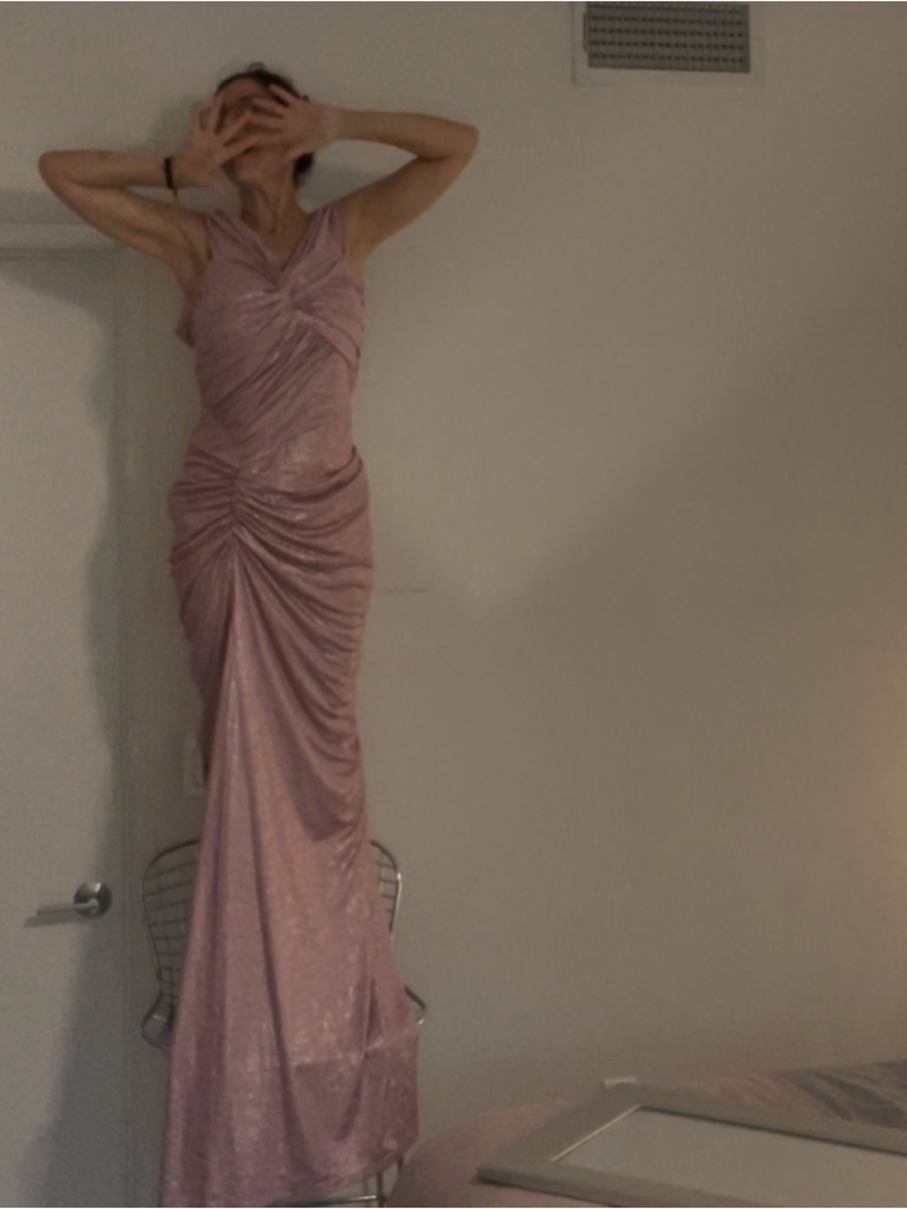 Metallic Pink Ruched Draped extra Maxi Gown Bodycon Goddess Dress Fishtail Hem L